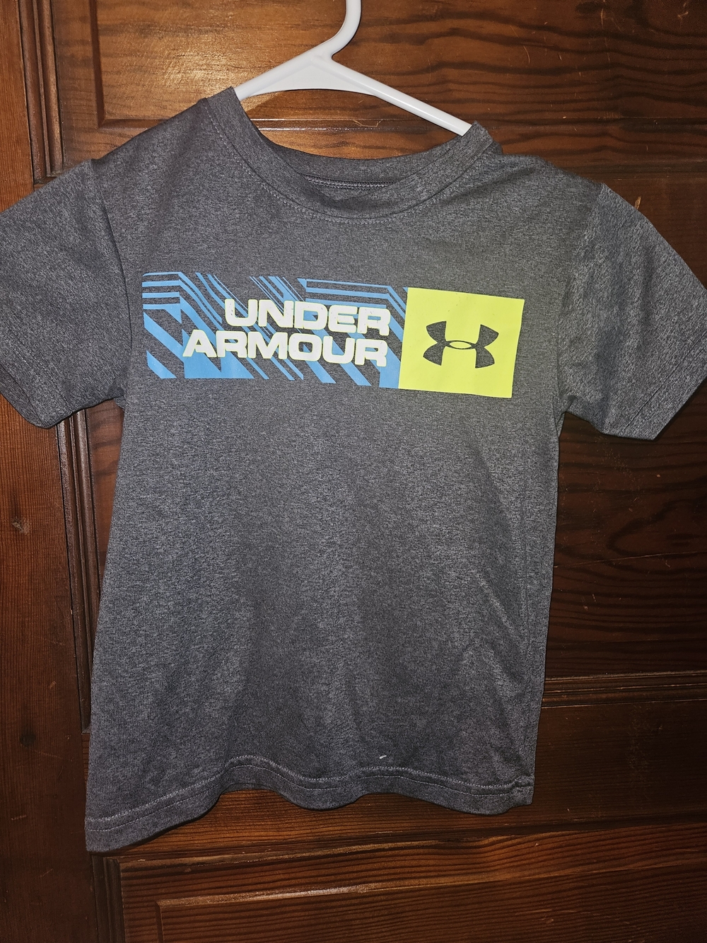 Under Armour Gray Tee with Blue Graphic and Neon Yellow Logo